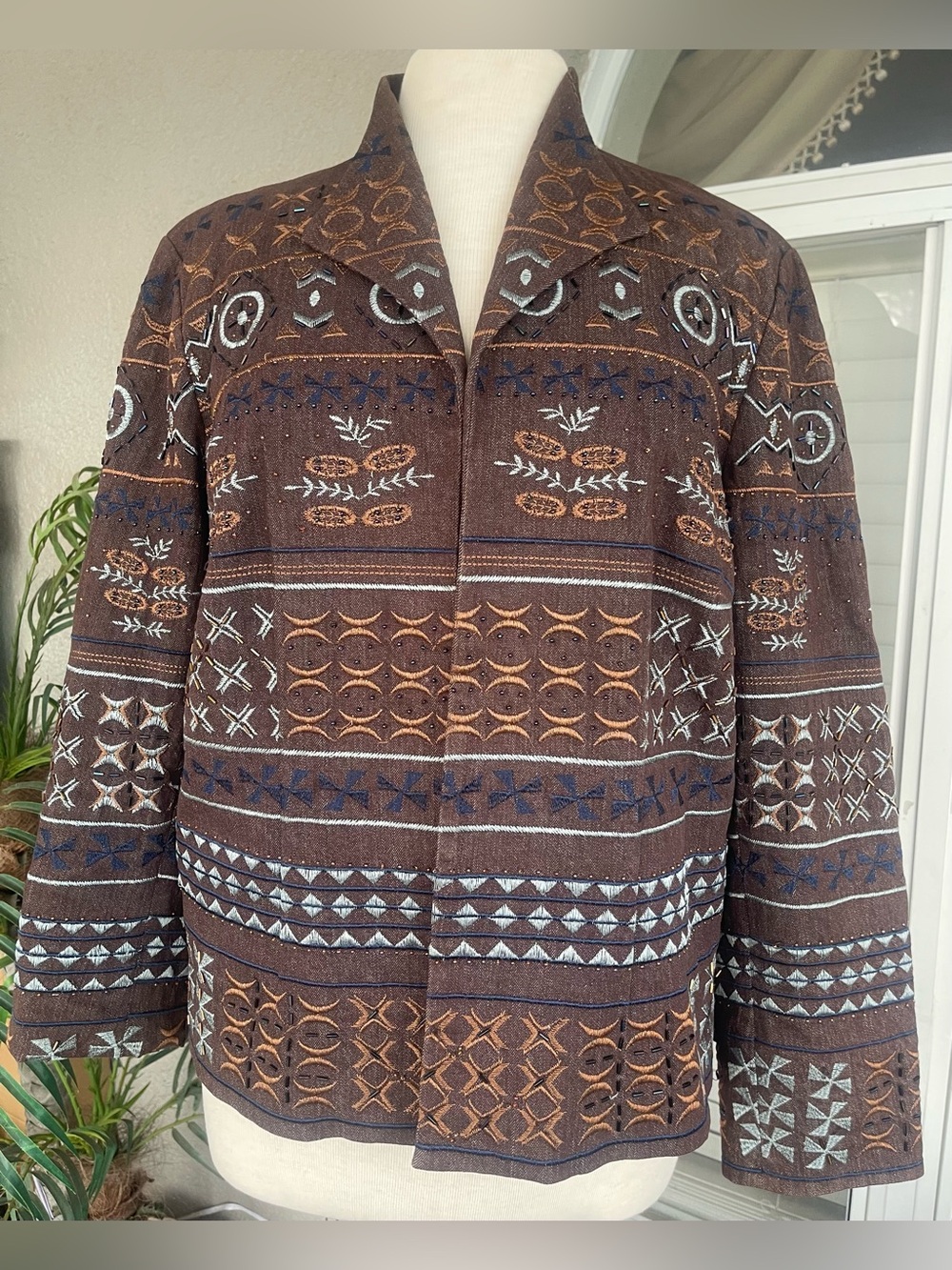 Coldwater Creek Brown Embroidered Jacket with Blue Accent